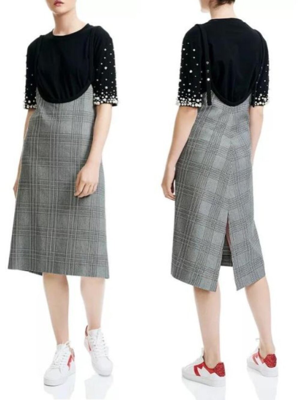 NWT MAJE Racari Apron Dress Women's 1 (S) Plaid Black White DRESS ONLY